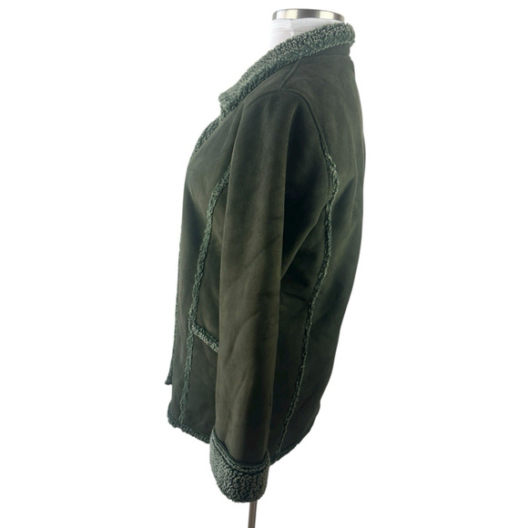 L.L. Bean Womens Medium Sherpa Fleece Lined Green Coat Jacket Button Front - Picture 6 of 14